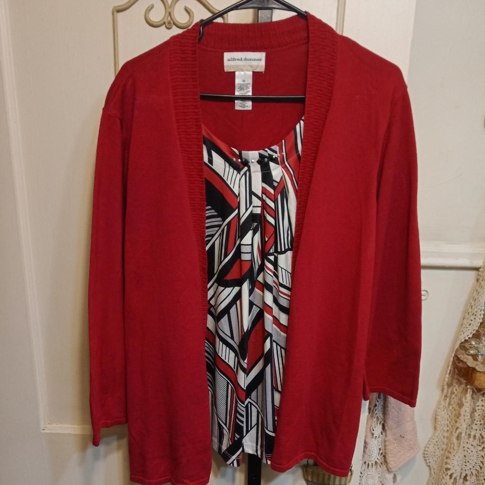 Alfred Dunner Red Cardigan with Geometric Top